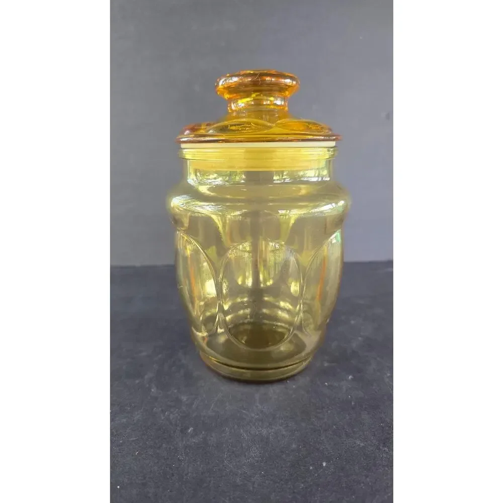 Vintage Amber Yellow Pressed Bubble Glass Jar With Lid Round Canister Kitchen
